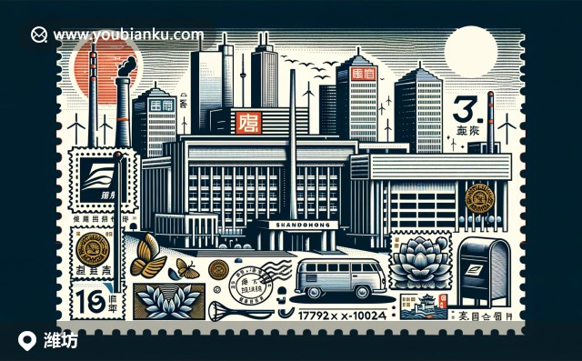 濰坊地域文化與郵政元素的完美融合，色彩鮮明的風(fēng)箏在青州古城上空飛舞，濰坊扇子增添傳統(tǒng)美感