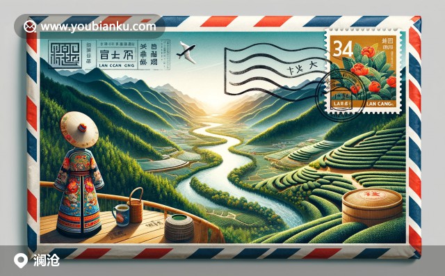 創(chuàng)意郵票信封，展現(xiàn)瀾滄的怒江風(fēng)光、茶園特色及拉祜族傳統(tǒng)服飾，象征郵政連接瀾滄與世界