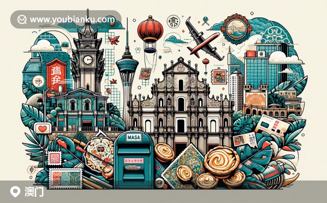 澳門歷史與郵政特色融合，大三巴牌坊、葡式碎石路，中國郵票和郵戳裝飾