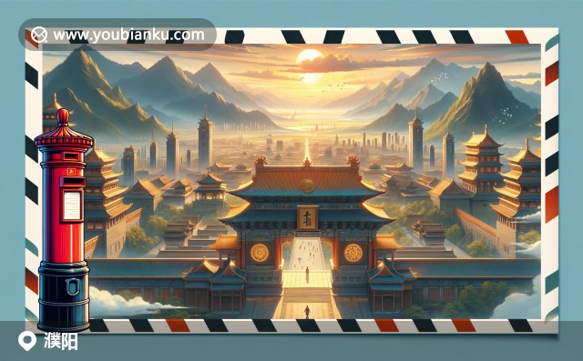 插圖：濮陽(yáng)市地標(biāo)、活字印刷展示與2024年航空信封上的傳統(tǒng)元素