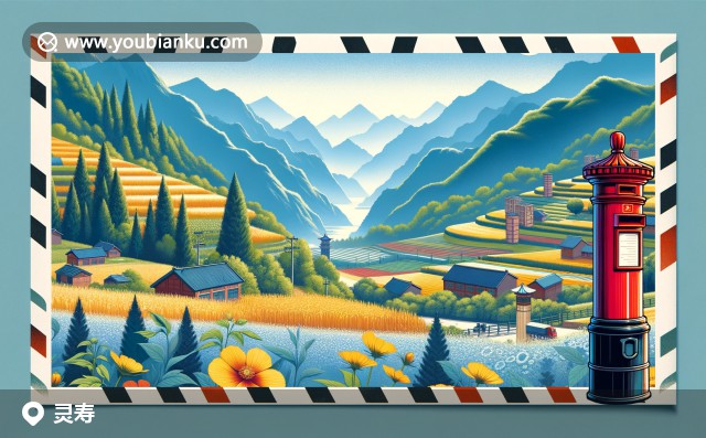 創(chuàng)意插圖：靈壽縣的太行山脈、盛開的菊花田及趙州橋，展現(xiàn)郵政特色