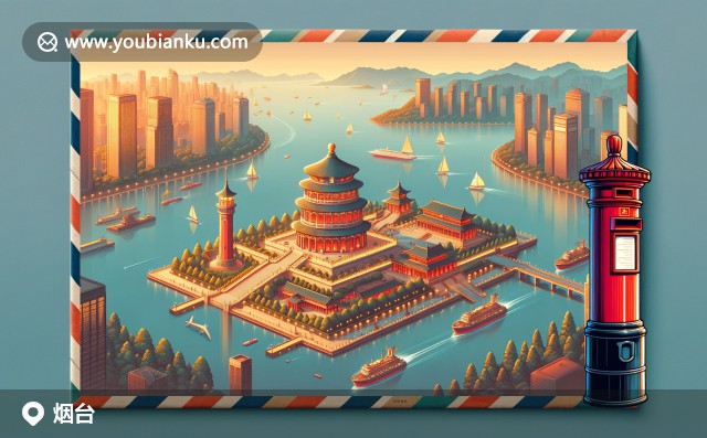 煙臺(tái)海濱城市特色，煙臺(tái)山燈塔和蓬萊閣與航空信封和郵政元素交相輝映