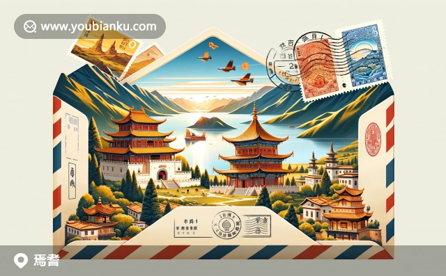 圖中展示了焉耆標志性的石沙灘佛教寺廢墟和郵政信封，反映了歷史文化遺產與現(xiàn)代通信的結合，背景為焉耆湖泊與山脈，現(xiàn)代寬屏風格設計