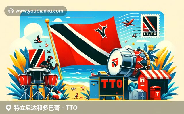 特立尼達和多巴哥郵政編碼頁面，展現(xiàn)國旗、鋼鼓和熱帶海灘，結(jié)合郵政元素與地域文化