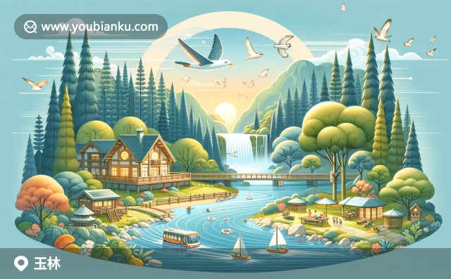 現(xiàn)代插畫展現(xiàn)大容山森林公園、福綿鴨和郵政元素的結(jié)合