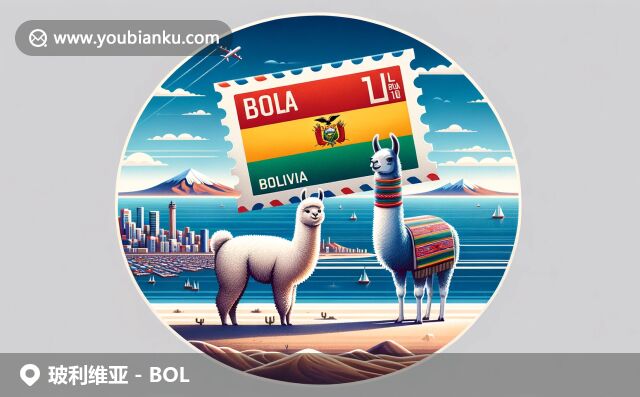玻利維亞獨(dú)特地域與郵政元素完美融合，航空郵件信封懸于烏尤尼鹽湖，郵票融合國(guó)旗色彩與泰提卡卡湖紋樣，美洲駱駝穿安第斯傳統(tǒng)服飾，背景為拉巴斯城市輪廓
