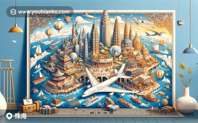 珠海地標(biāo)與自然美景的結(jié)合，航空信封展示長(zhǎng)隆海洋王國(guó)、圓明新園和海島風(fēng)光，融入郵政編碼與海鷗飛翔