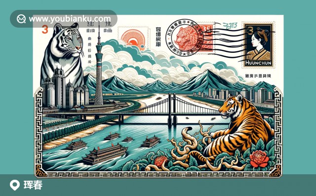 圖們江大橋、西伯利亞虎、長白山背景下的人參圖案與郵政元素（133300）