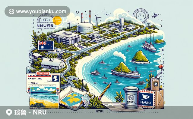 瑙魯自然與郵政文化的完美融合，展現(xiàn)海灘和磷礦，搭配郵政元素如明信片和郵筒