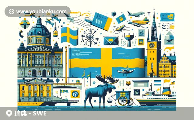 瑞典藍黃國旗、斯德哥爾摩景觀、麋鹿與郵政元素共構豐富畫面