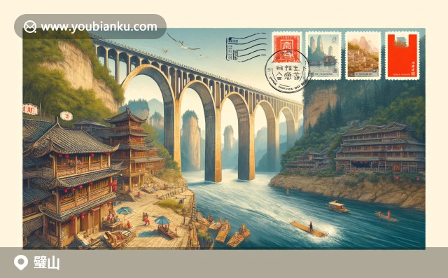 重慶璧山縣插圖：天主教堂，綠茶，大竹海與航空信封主題郵戳設(shè)計(jì)