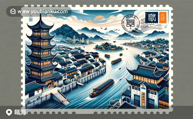 江心島、甌江美景與傳統(tǒng)溫州建筑特色的航空郵件信封