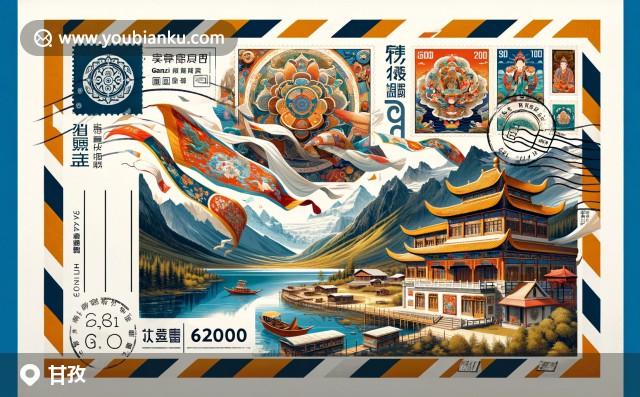 藏式建筑、雅拉雪山和郵票上的“甘孜 626700” - 展現(xiàn)甘孜獨(dú)特魅力的現(xiàn)代插畫