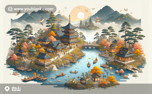 現(xiàn)代插畫展示吉林白山郵政元素：長白山壯麗景色、人參郵票與郵政編碼郵戳