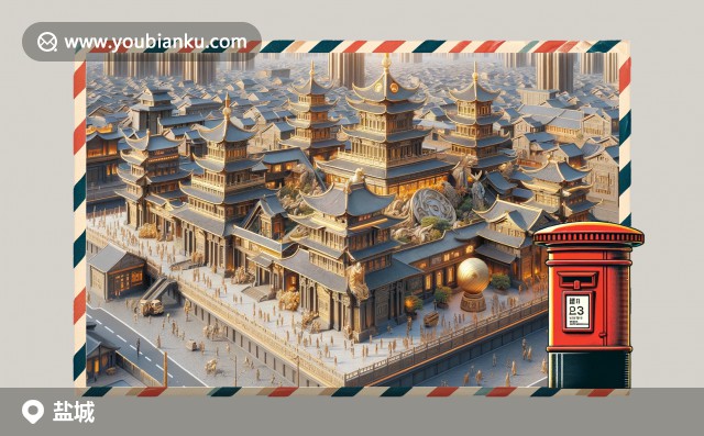 現(xiàn)代藝術(shù)描繪出鹽城地域特色與郵政文化，展示地標(biāo)雕塑、海岸線和郵筒