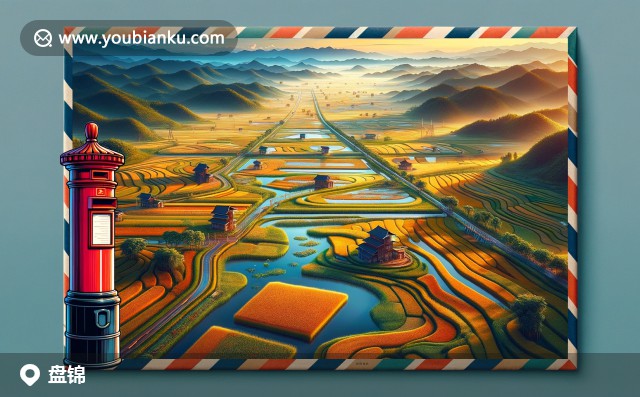 描繪盤錦自然美景的紅海灘、稻田和葦海濕地，與珍稀鳥類共同棲息。航空信封上繪有盤錦象征河蟹，體現(xiàn)濕地之都的風(fēng)景特色和地域文化。