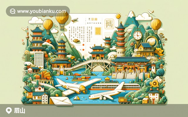 眉山地域特色與郵政元素融合，展示東坡泡菜、芝麻糕和綠茶，背景呈現(xiàn)眉山風景