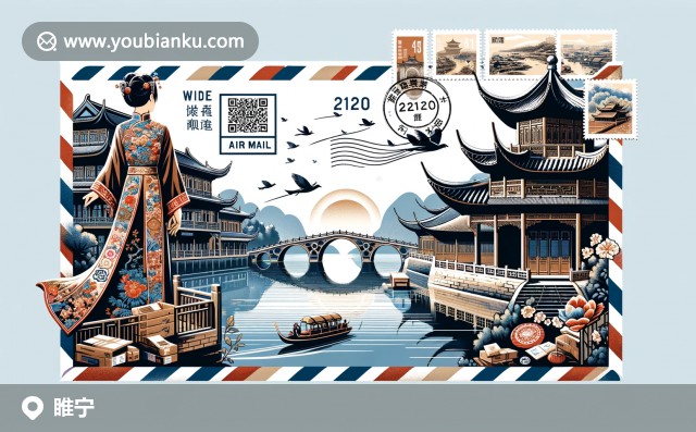 裝飾有云龍湖景色、漢服元素和221200郵戳的航空信封，展示睢寧地方特色與現(xiàn)代插畫(huà)藝術(shù)