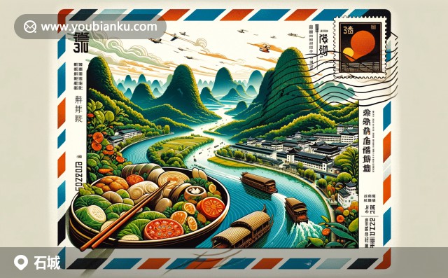江西省贛州市石城縣插圖：井岡山、贛江河與特色美食在郵票郵戳背景下的藝術(shù)展現(xiàn)，郵政編碼342700