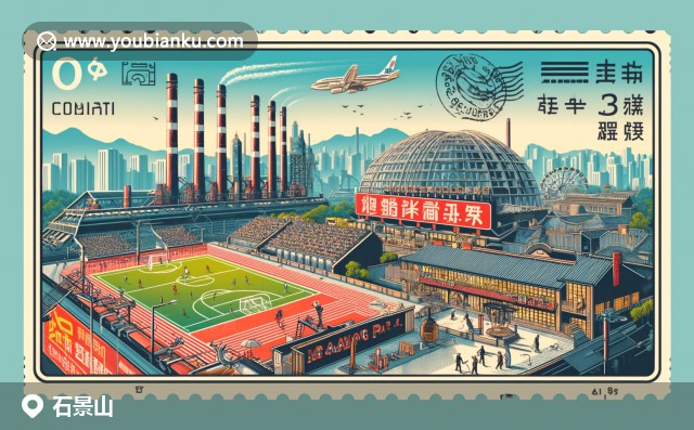 北京石景山區(qū)插畫：航空信封上的郵票展示游樂園摩天輪和八大處公園，郵政編碼100000，展現(xiàn)區(qū)域娛樂與歷史文化