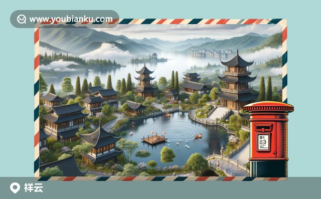 祥云縣特色插畫 - 白族民居、洱海風光與郵票主題明信片