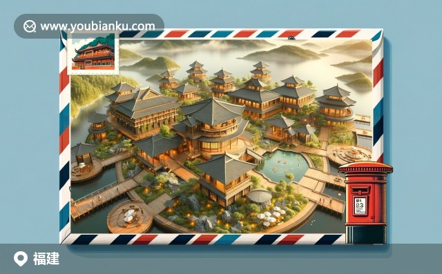 福建特色文化與郵政元素的完美融合，展現(xiàn)土樓、武夷山與福州魚丸，郵票、明信片和郵筒元素兼具現(xiàn)代藝術(shù)風(fēng)格