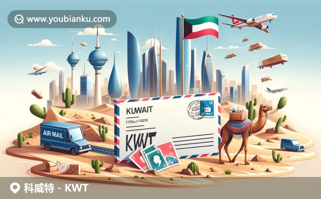 科威特郵政編碼網(wǎng)頁設(shè)計(jì)，科威特塔和沙漠景觀融合，駱駝郵差手拿航空信封，印有科威特郵票和國旗