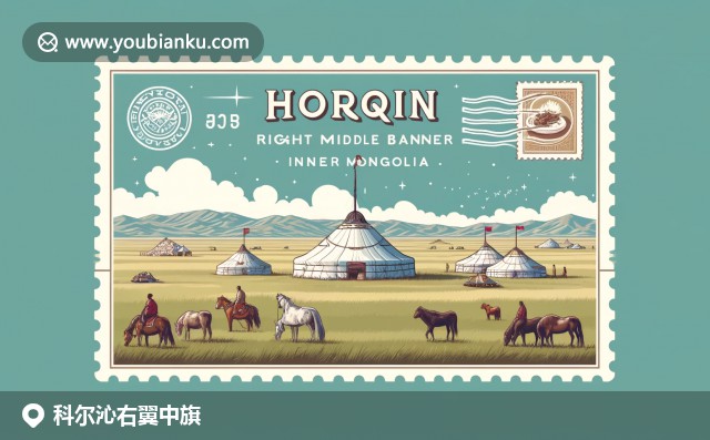 廣闊草原上的蒙古包與蒙古族人物，展示興安盟科爾沁右翼中旗的傳統(tǒng)文化與自然風(fēng)光 (郵政編碼029400)