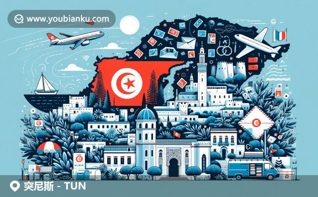 突尼斯國(guó)旗、Sidi Bou Said小鎮(zhèn)和卡圖哈古城遺址交相輝映，橄欖樹點(diǎn)綴其間，明信片、郵票和郵車等郵政元素點(diǎn)綴其間