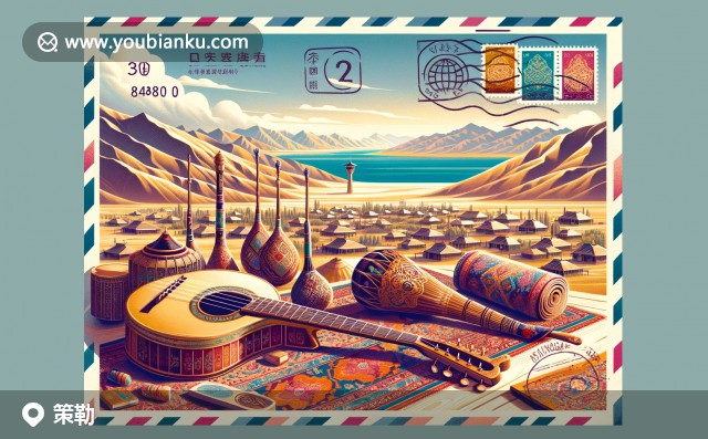 插圖：策勒縣自然風(fēng)光與手工藝品郵封設(shè)計(jì)，包含維吾爾樂器、地毯與848300郵政編碼
