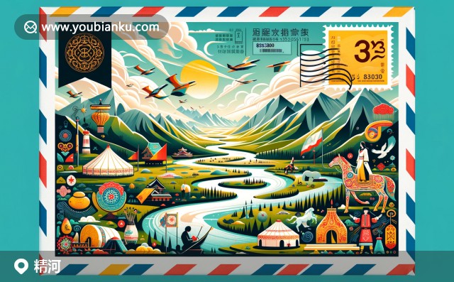 博爾塔拉蒙古自治州精河縣特色插畫 - 伊犁河、友誼峰與哈薩克文化郵封