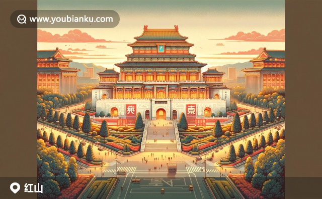 赤峰學(xué)院主樓、彩繪幾何圖案彩陶罐與紅山區(qū)郵票特寫(xiě)