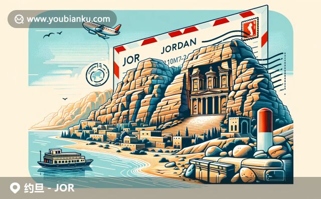 約旦獨(dú)特地景與郵政特色的完美融合，展現(xiàn)佩特拉古城和死海，伴隨郵政信封與郵票元素