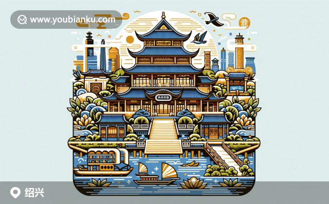 獨(dú)特的紹興縣景色，展現(xiàn)水鄉(xiāng)風(fēng)光、黑龍洞寺和紹興黃酒文化，郵戳312000，象征中國郵政與地方歷史的交融