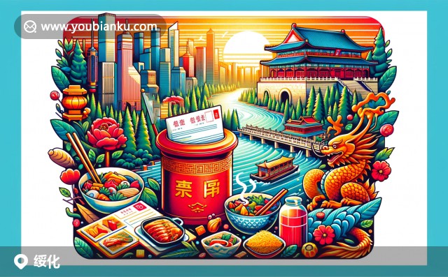 綏化地方特色與郵政元素的完美融合，展示明水年糕和蘭西酸菜，金色水稻田背景突顯農(nóng)業(yè)豐收