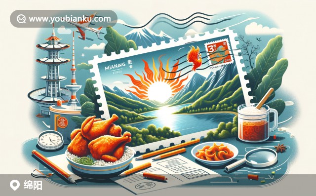 綿陽(yáng)標(biāo)志性景點(diǎn)富樂(lè)山、越王樓和涪江融入明信片，伴隨郵政元素如郵票和郵戳