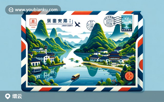 創(chuàng)意航空信封插畫：麗水縉云綠色山脈、湖泊與郵政元素的完美結(jié)合