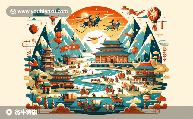 內(nèi)蒙古赤峰翁牛特旗插畫：航空郵票展示蒙古族服飾、風干牛肉、奶制品及布日敦沙漠