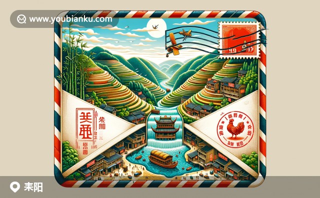 耒陽市郵政主題插畫：郵戳下的自然與文化瑰寶 - 蔡倫竹海、紫鵲界梯田與郵政編碼