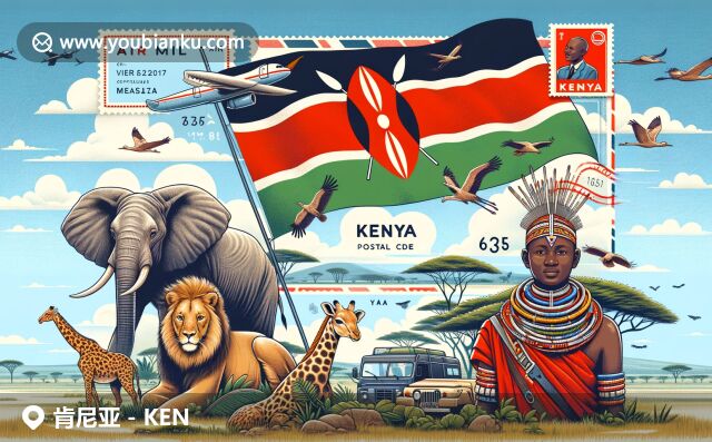 現(xiàn)代插畫展現(xiàn)肯尼亞特色，地域文化與郵政元素完美融合：國(guó)旗、野生動(dòng)物、馬賽族戰(zhàn)士裝束、航空郵件