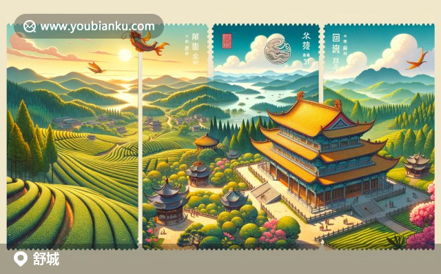 舒城縣的霍山黃芽茶園、舒城孔子廟與大別山國(guó)家森林公園郵票藝術(shù)圖，郵編231300
