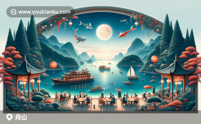 浙江舟山朱家尖島風(fēng)光，現(xiàn)代明信片呈現(xiàn)，融合郵政元素與地域特色