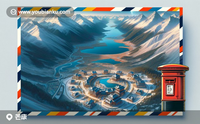 航空信封中的854500芒康郵政編碼，配以梅里雪山、藏式建筑和藏茶包的現(xiàn)代插畫(huà)