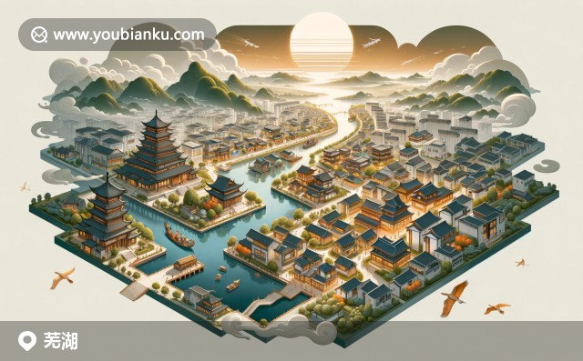 現(xiàn)代插畫：蕪湖長江大橋、鳳凰美食街與珠山公園郵票風(fēng)格藝術(shù)作品