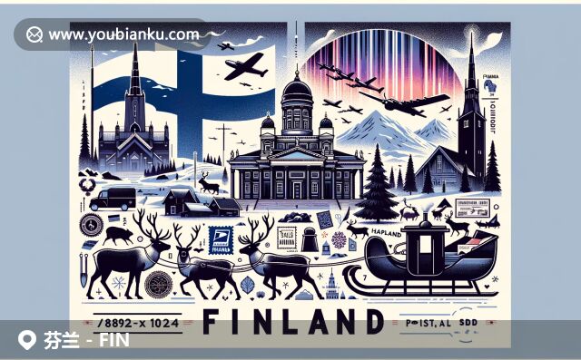 現(xiàn)代藝術(shù)插畫展示芬蘭地域特色與郵政文化，融合國旗、北極光、圣約翰教堂和傳統(tǒng)桑拿