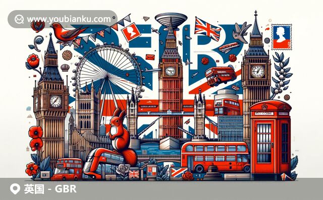 英國(guó)現(xiàn)代插畫風(fēng)格郵政特色設(shè)計(jì)，融合Union Jack和倫敦地標(biāo)，展現(xiàn)郵政文化與地域特色