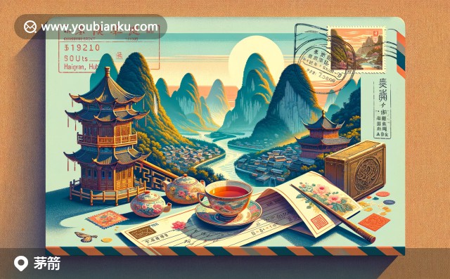 湖北省十堰市茅箭區(qū)郵票裝飾航空信封，展示武當(dāng)山風(fēng)景與茶文化