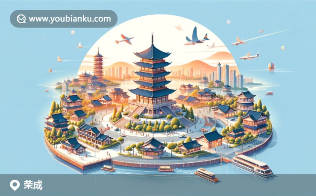 山東省威海市榮成市的特色郵票設(shè)計，包含成山頭燈塔、天鵝湖、海草房及海洋元素