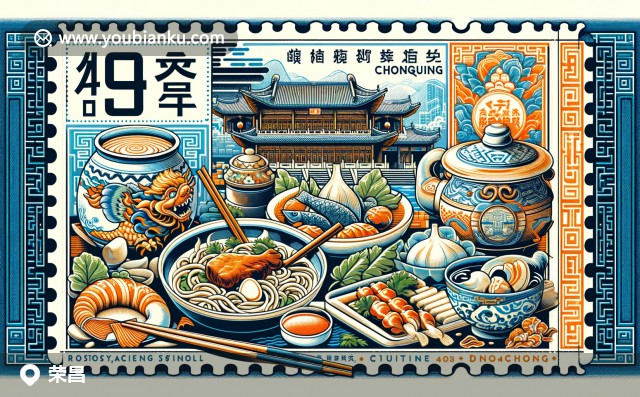 榮昌火鍋、精美陶瓷與白沙古鎮(zhèn)的熱鬧場景，以山水為背景的榮昌明信片