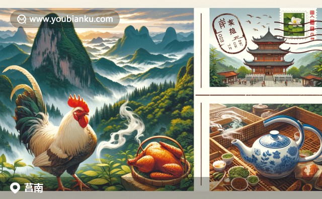 山東省臨沂市莒南縣郵票圖案：蒙山風(fēng)光，羅漢雞，傳統(tǒng)茶文化與郵政編碼276600